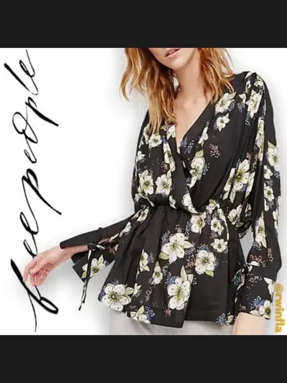 FREE PEOPLE TUSCAN DREAMS Black Floral Long Sleeve tunic fits 6